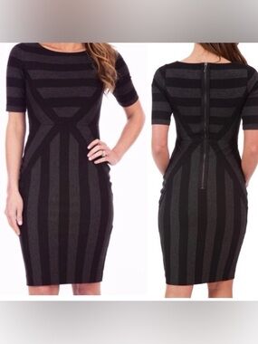 Maeve Black and Charcoal Striped Midi Sheath Dress Size 2 60% Rayon 33% Nylon